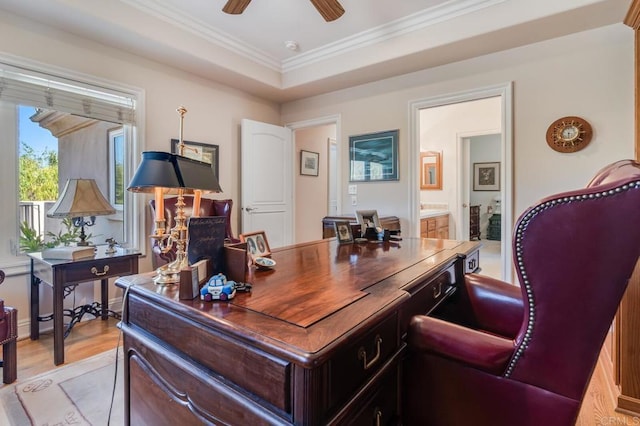 4014 Millagra Dr, Fallbrook, CA 92028 - office area featuring ceiling fan, crown molding, and light wood-style flooring