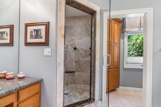 4014 Millagra Dr, Fallbrook, CA 92028 - bathroom featuring a stall shower, vanity, and baseboards