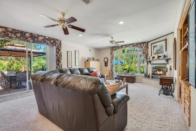 4014 Millagra Dr, Fallbrook, CA 92028 - living area featuring carpet flooring, ceiling fan, a glass covered fireplace, and recessed lighting
