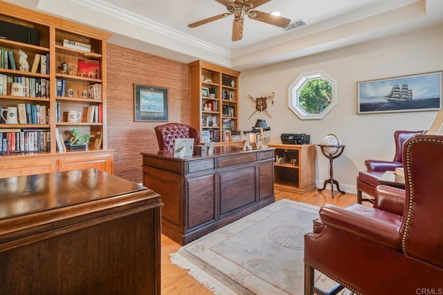 4014 Millagra Dr, Fallbrook, CA 92028 - office space with a ceiling fan, light wood-type flooring, crown molding, and baseboards