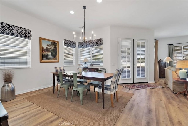 19344 Macklin St, Apple Valley, CA 92308 - dining room with light wood-style flooring, a chandelier, recessed lighting, and baseboards