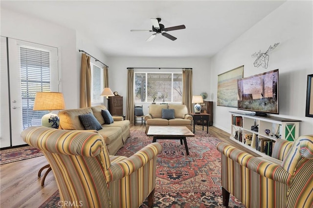 19344 Macklin St, Apple Valley, CA 92308 - living room with wood finished floors and a ceiling fan