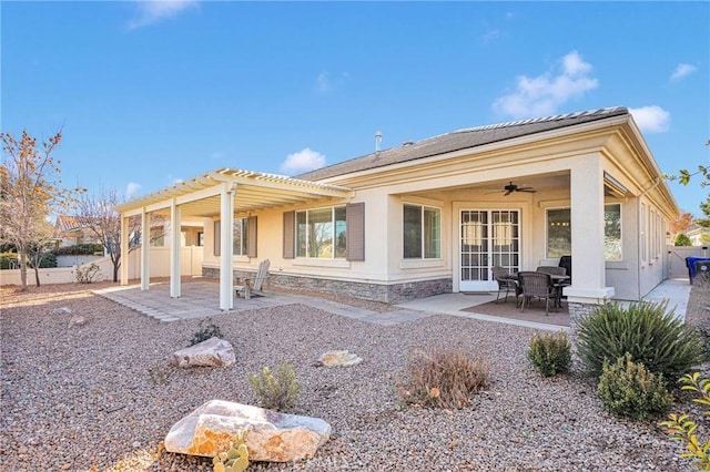 19344 Macklin St, Apple Valley, CA 92308 - rear view of house featuring ceiling fan, a pergola, a patio area, and stucco siding