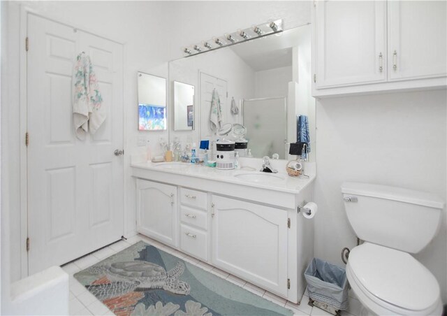 13182 Third St, Clearlake Oaks, CA 95423 - full bathroom with double vanity, an enclosed shower, tile patterned floors, and toilet