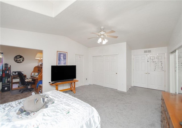13182 Third St, Clearlake Oaks, CA 95423 - bedroom with vaulted ceiling, carpet flooring, multiple closets, an office area, and a ceiling fan