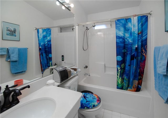 13182 Third St, Clearlake Oaks, CA 95423 - full bathroom with toilet, shower / bathtub combination with curtain, vanity, and tile patterned flooring