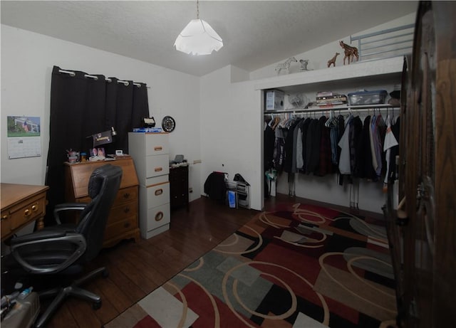 13182 Third St, Clearlake Oaks, CA 95423 - office area featuring vaulted ceiling and dark wood finished floors