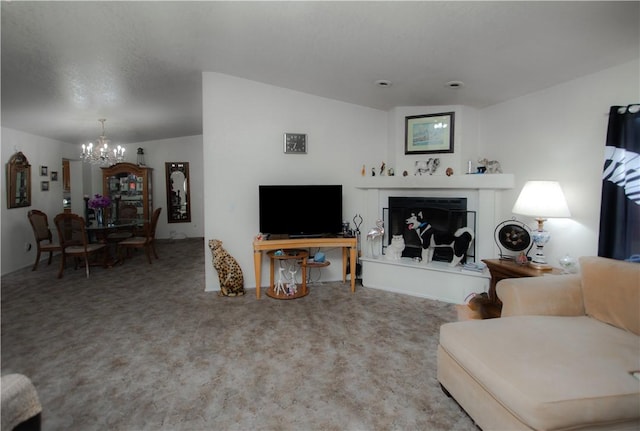 13182 Third St, Clearlake Oaks, CA 95423 - living room with a chandelier, carpet, and a fireplace with raised hearth