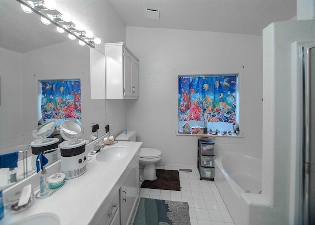 13182 Third St, Clearlake Oaks, CA 95423 - full bathroom with tile patterned flooring, a bath, double vanity, and toilet