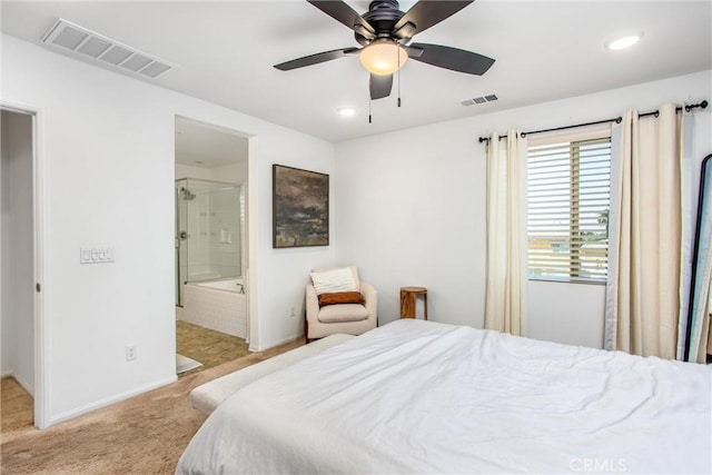 1737 Arcus Ct, Beaumont, CA 92223 - bedroom featuring light colored carpet, baseboards, recessed lighting, a ceiling fan, and connected bathroom