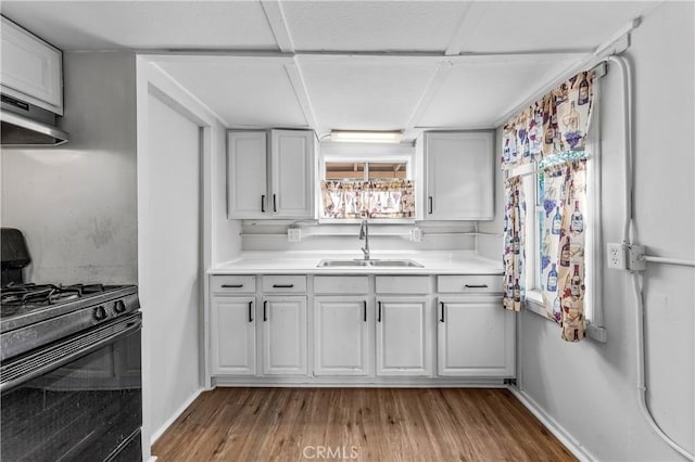 59485 State Highway 74, Mountain Center, CA 92561 - kitchen with black gas stove, a sink, under cabinet range hood, wood finished floors, and light countertops