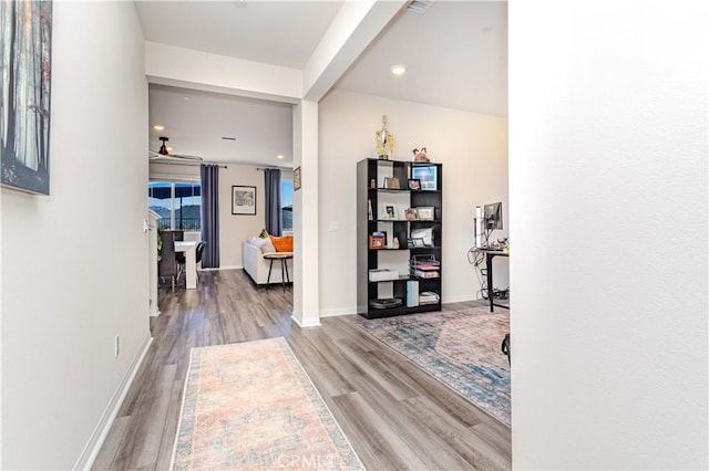 28252 Farm Creek Way, Valley Center, CA 92082 - corridor with wood finished floors, recessed lighting, and an office area