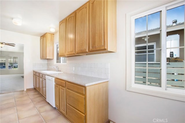 1401 N Linwood Ave, Santa Ana, CA 92701 - kitchen with white dishwasher, a sink, light tile patterned flooring, backsplash, and a ceiling fan