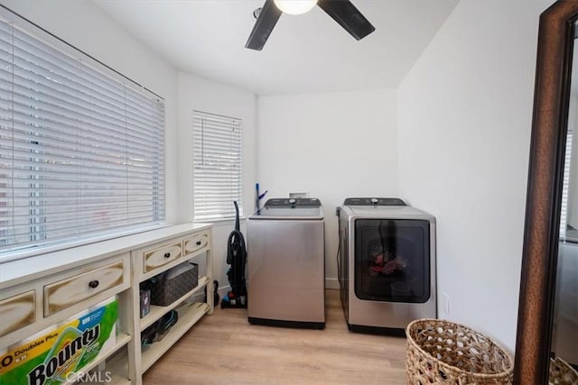 7560 Castano Ave, Atascadero, CA 93422 - washroom with washer and clothes dryer, ceiling fan, and light wood-style floors