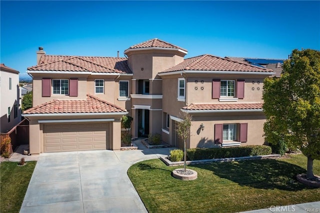 45344 Saint Tisbury St, Temecula, CA 92592 - mediterranean / spanish-style house with concrete driveway, a tiled roof, a front lawn, stucco siding, and a garage