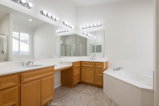 1583 Turtle Crk, Beaumont, CA 92223 - bathroom featuring double vanity, a shower stall, a bath, and tile patterned floors