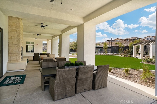 1583 Turtle Crk, Beaumont, CA 92223 - view of patio / terrace featuring ceiling fan, outdoor dining space, an outdoor living space, and a pergola