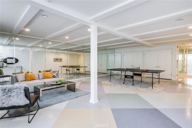 4820 Encino Ter, Encino, CA 91316 - living room featuring light flooring, beam ceiling, and coffered ceiling