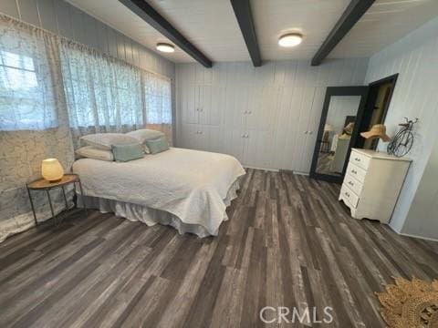 149 Acacia Ave, Oroville, CA 95966 - bedroom featuring dark wood-style flooring, multiple windows, and beam ceiling