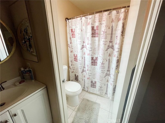 1186 Runaway Cir, Colton, CA 92324 - bathroom featuring vanity, toilet, tile patterned flooring, and a shower with shower curtain