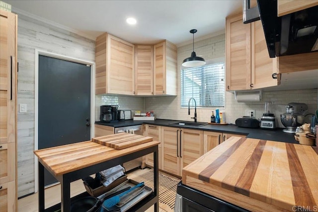 646 Downer Ave, El Cajon, CA 92020 - kitchen featuring light brown cabinetry, backsplash, decorative light fixtures, butcher block countertops, and recessed lighting