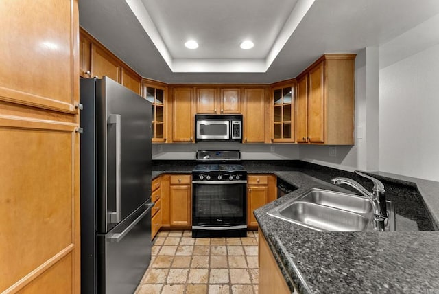 12590 Carmel Creek Rd Unit 1, San Diego, CA 92130 - kitchen with freestanding refrigerator, range with gas cooktop, stainless steel microwave, a raised ceiling, and a sink