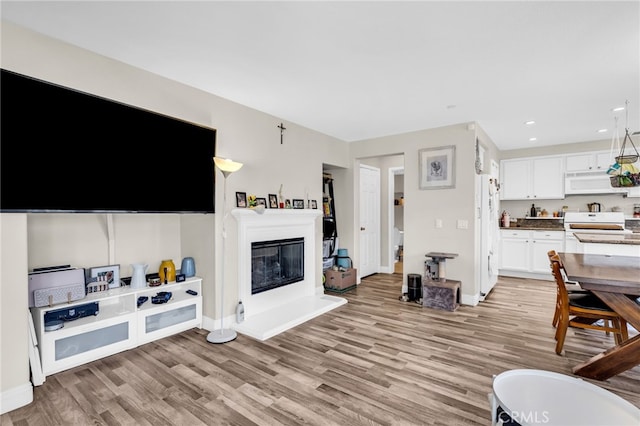 5 Quartz Ln, Ladera Ranch, CA 92694 - living room featuring light wood-type flooring, a glass covered fireplace, and recessed lighting