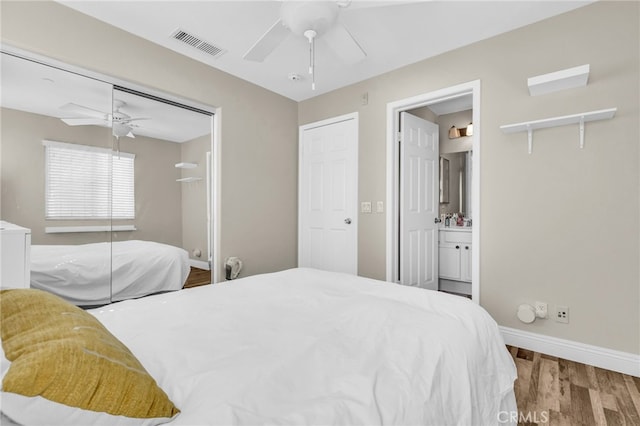 5 Quartz Ln, Ladera Ranch, CA 92694 - bedroom with wood finished floors, a closet, a ceiling fan, and ensuite bath
