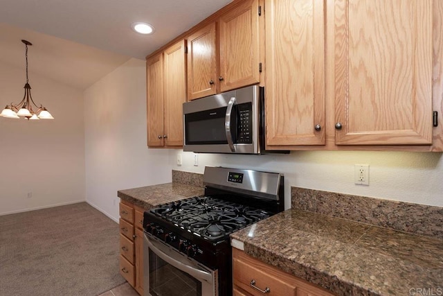 1875 Baudouin Pl Unit 1731, Chula Vista, CA 91913 - kitchen featuring appliances with stainless steel finishes, light colored carpet, a chandelier, lofted ceiling, and tile counters