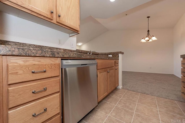 1875 Baudouin Pl Unit 1731, Chula Vista, CA 91913 - kitchen with stainless steel dishwasher, light carpet, a chandelier, vaulted ceiling, and light tile patterned flooring