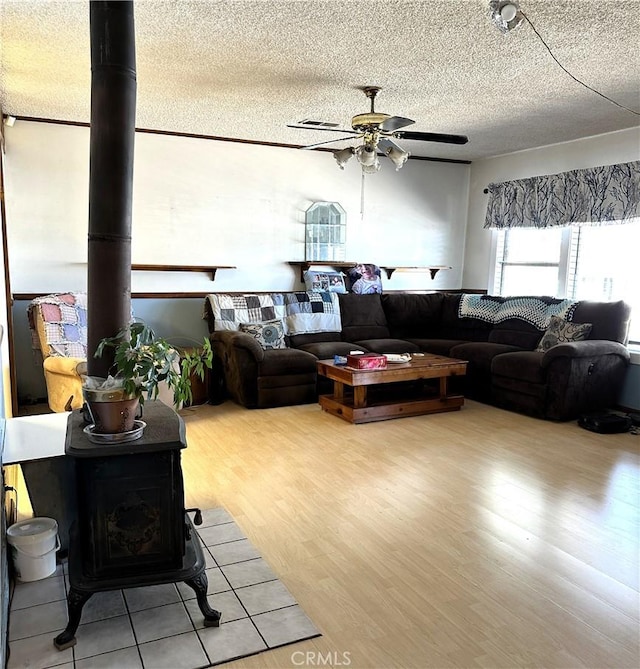 950 Cedar St, Corona, CA 92879 - living room featuring a wood stove, a ceiling fan, wood finished floors, and a textured ceiling
