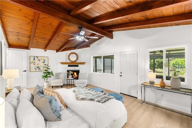430 N Ellen Dr, West Covina, CA 91790 - bedroom featuring wooden ceiling, light wood-style floors, a brick fireplace, and a ceiling fan