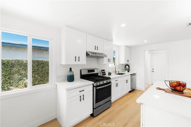 430 N Ellen Dr, West Covina, CA 91790 - kitchen with stainless steel appliances, under cabinet range hood, white cabinetry, light wood finished floors, and recessed lighting