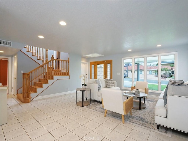 1163 Sandwood Pl, San Pedro, CA 90731 - living area with recessed lighting, stairs, light tile patterned flooring, and baseboards