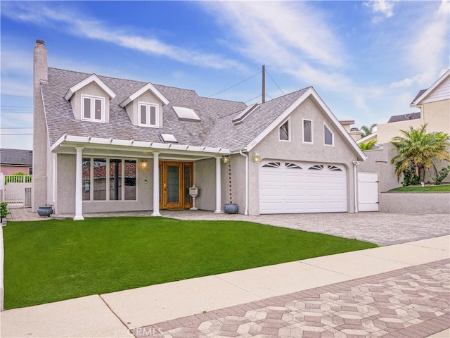 1163 Sandwood Pl, San Pedro, CA 90731 - view of front facade with stucco siding, a garage, a chimney, and decorative driveway