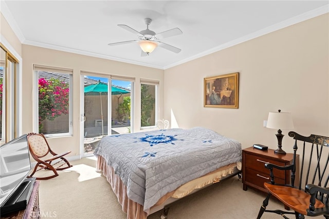 43845 Calle De Velardo, Temecula, CA 92592 - bedroom featuring access to exterior, light colored carpet, ornamental molding, and a ceiling fan