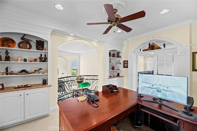 43845 Calle De Velardo, Temecula, CA 92592 - office space featuring a ceiling fan, crown molding, built in shelves, and recessed lighting