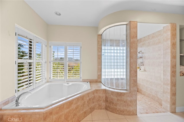 43845 Calle De Velardo, Temecula, CA 92592 - bathroom with a garden tub, a walk in shower, and tile patterned flooring