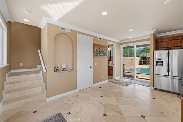 43845 Calle De Velardo, Temecula, CA 92592 - kitchen featuring stainless steel fridge, crown molding, and recessed lighting