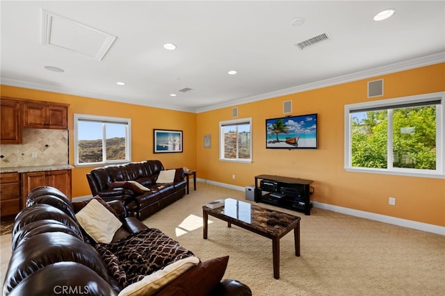 43845 Calle De Velardo, Temecula, CA 92592 - living room with attic access, light colored carpet, recessed lighting, and ornamental molding