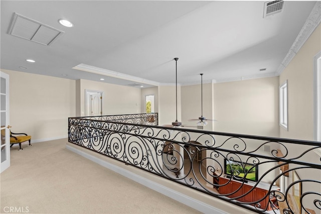 43845 Calle De Velardo, Temecula, CA 92592 - hallway featuring carpet, recessed lighting, ornamental molding, and an upstairs landing