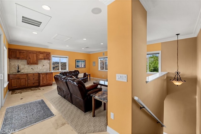43845 Calle De Velardo, Temecula, CA 92592 - living room featuring plenty of natural light, ornamental molding, recessed lighting, and attic access