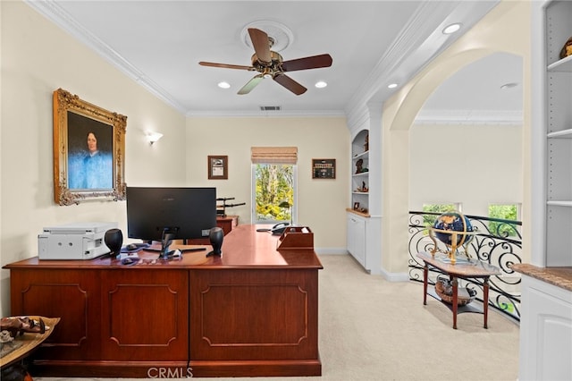 43845 Calle De Velardo, Temecula, CA 92592 - office area with light colored carpet, a ceiling fan, crown molding, and recessed lighting