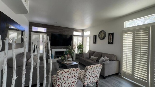 12477 Redrock Ct, Victorville, CA 92392 - living area with wood finished floors, a fireplace, and healthy amount of natural light