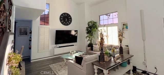 12477 Redrock Ct, Victorville, CA 92392 - living room featuring wood finished floors and a high ceiling