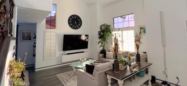 12477 Redrock Ct, Victorville, CA 92392 - living room featuring wood finished floors and a high ceiling