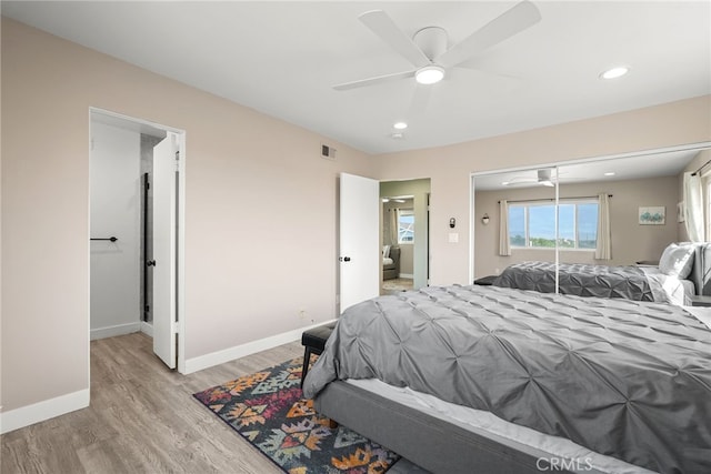 4941 Catamaran St, Oxnard, CA 93035 - bedroom with light wood finished floors, baseboards, recessed lighting, and a ceiling fan