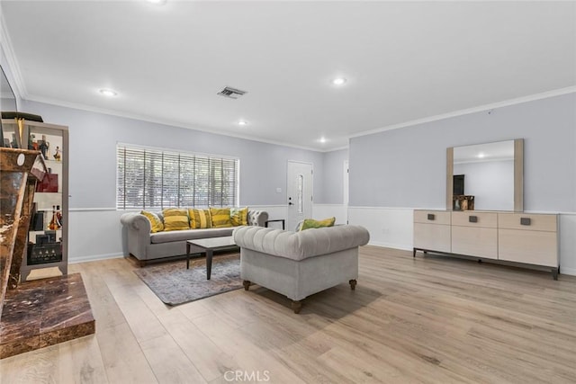 5741 Tobias Ave, Sherman Oaks, CA 91411 - living room with light wood-style flooring, ornamental molding, and recessed lighting
