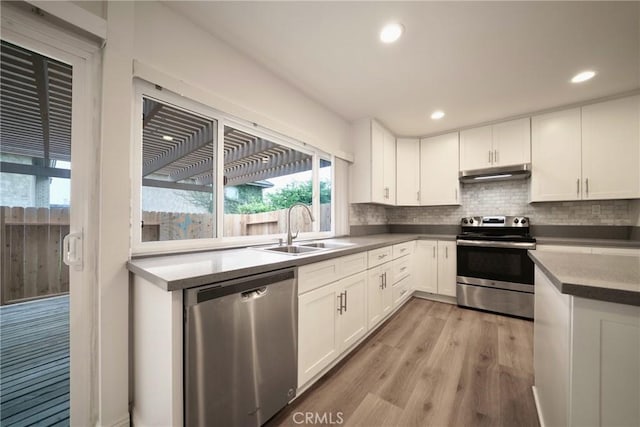 8190 Crowley Cir, Buena Park, CA 90621 - kitchen featuring stainless steel appliances, under cabinet range hood, healthy amount of natural light, light wood-style floors, and recessed lighting