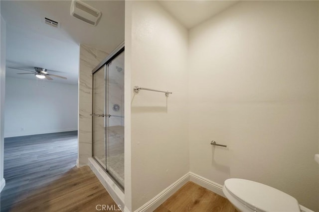 8190 Crowley Cir, Buena Park, CA 90621 - bathroom featuring a stall shower, wood finished floors, and ceiling fan